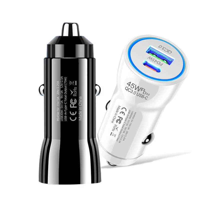Dual Port 45W USB C Car Charger PD QC3.0 Fast Charging Auto Power Adapter With Blue LED Ring Universal Fits Mobile Phone Tablet view 5