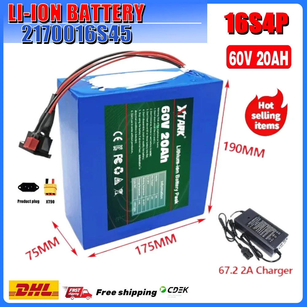 

60V 20A Electric Bike 21700 Battery For Scooter Motorcycle 67.2V 16S4P 3000W XT90 Rechargeable Battery With Same Port BMS+Charge