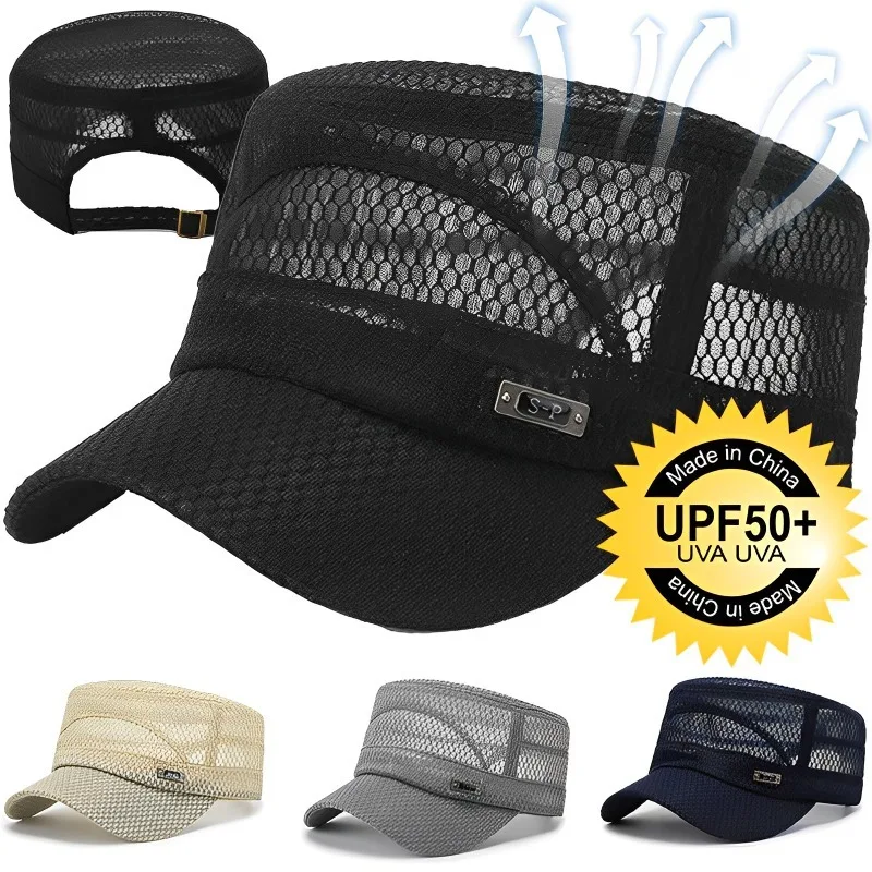 Men Snapback Caps Women Vintage Mesh Flat Top Army Sun Hat Summer Outdoor Cycling Visor Cap Casual Sport Solid Military Cap