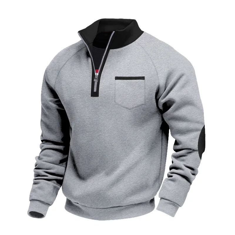 Men's Oversized Warm Fleece Zip-Up Stand Collar Hoodie with Patchwork Design for Autumn Winter Casual Long Sleeve Pullover