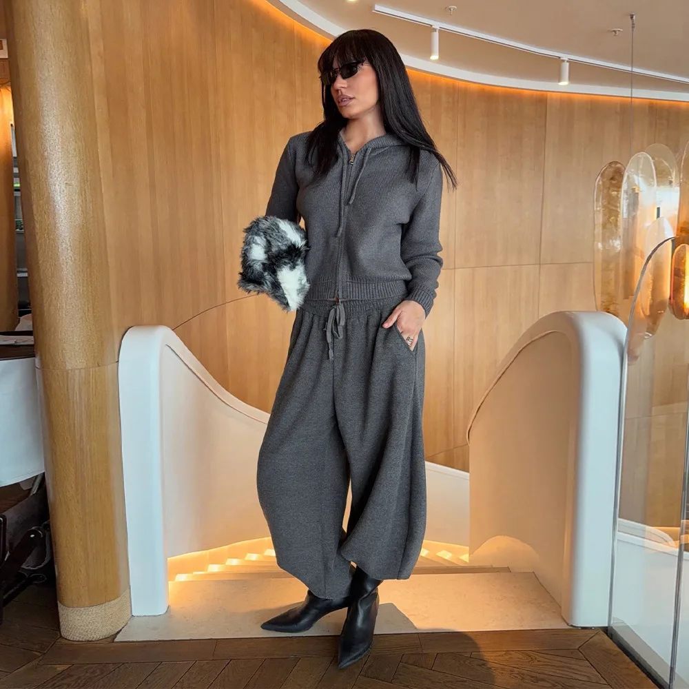 Women Autumn Winter Hooded Zipper Knit Top High Waist Straight Leg Pants Casual Two Piece Set
