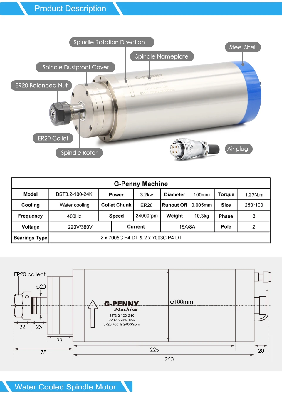 G‑PENNY 3,2 kW ER20 wassergekühlter Spindelmotor-Kit 100 mm 4 Lager 0,01 mm HY 220 V 4,0 kW VFD-Halterung Wasserpumpe für CNC-Fräse – Detail 2
