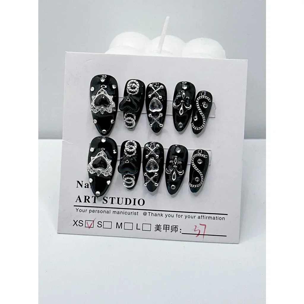 10 Pieces Handmade Wear Nail Dark Mine Series Dark Spicy Girl Style Nail Patch Black Nail Art Finished Fake Nails