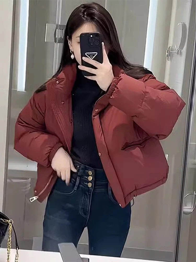 

Women's Wine Red ort Cotton Jaet Thiened Winter Coat Bread Sle Clothing Korean Loose Fit Long Sve Zipper Closure
