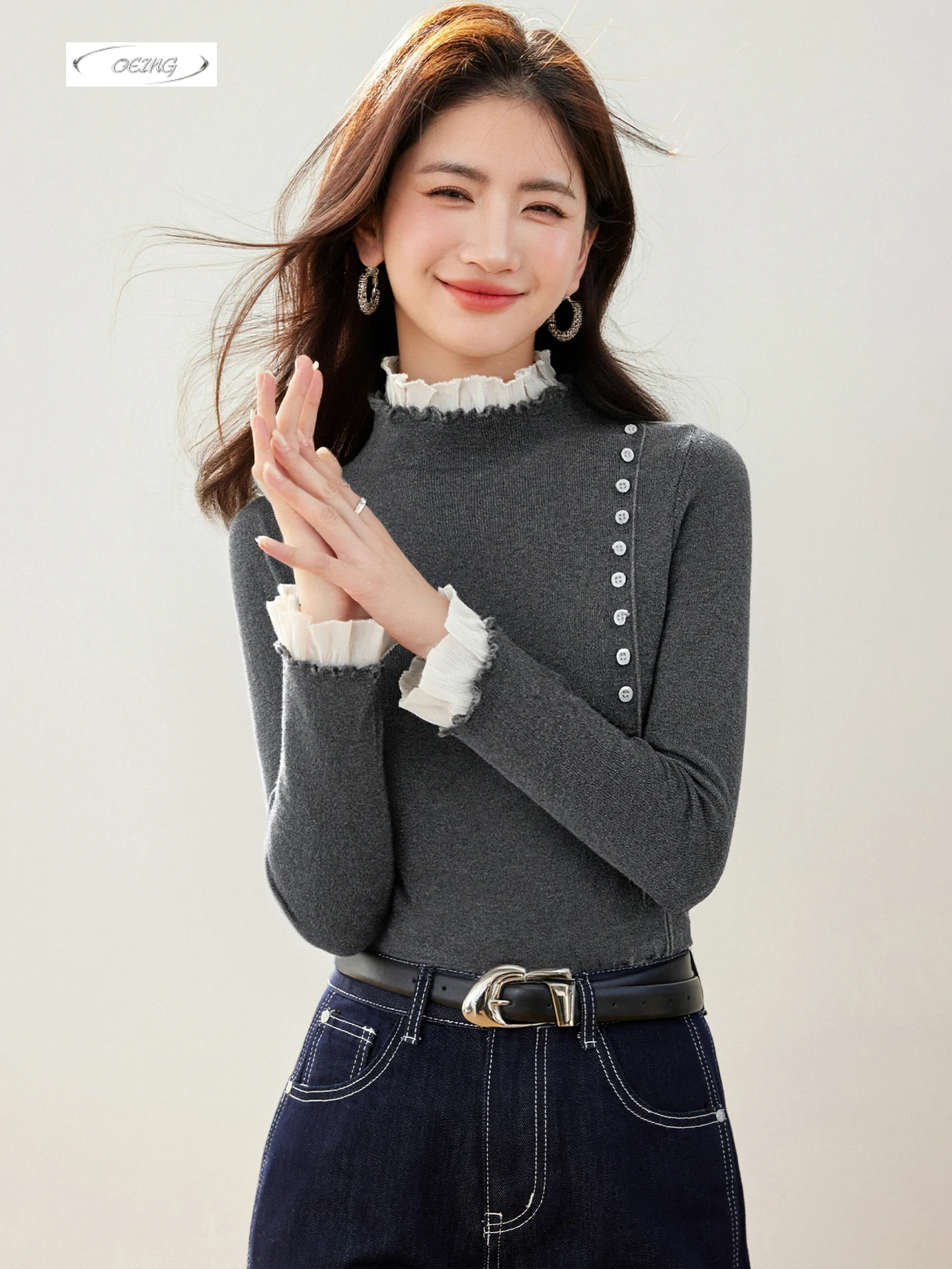 

Женский элегантный серый свитер с воротником-стойкой и длинными рукавами, пуловер, топы, осень-зима, тонкий шикарный женский трикотаж 9772