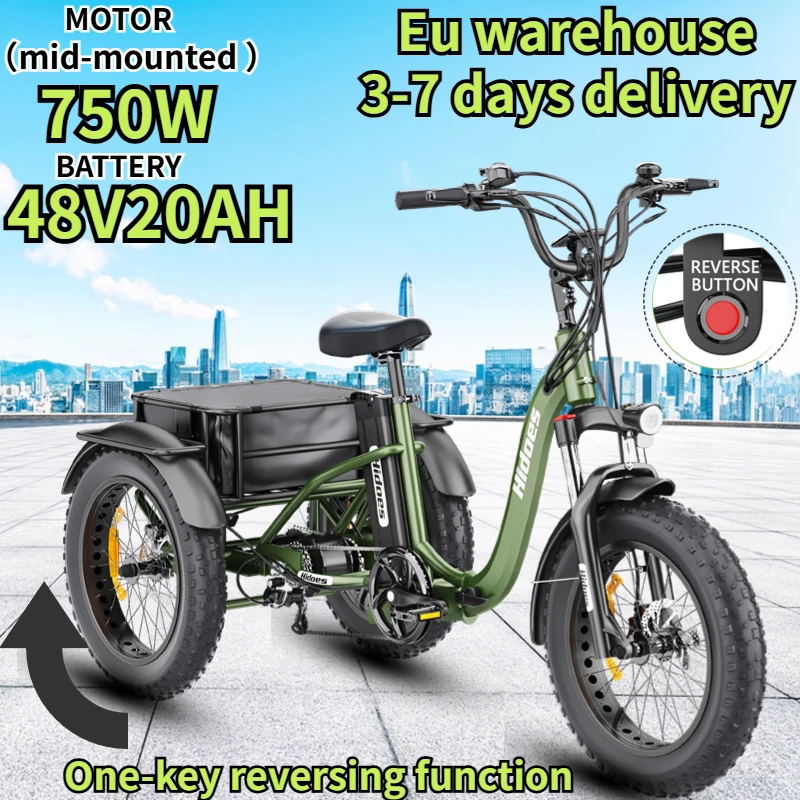 Electric Tricycle 750W Mid-mounted Motor 48V20AH Lithium Battery Cargo E-Trike with Basket Adult 20*4.0 Fat Tire Electric Trike