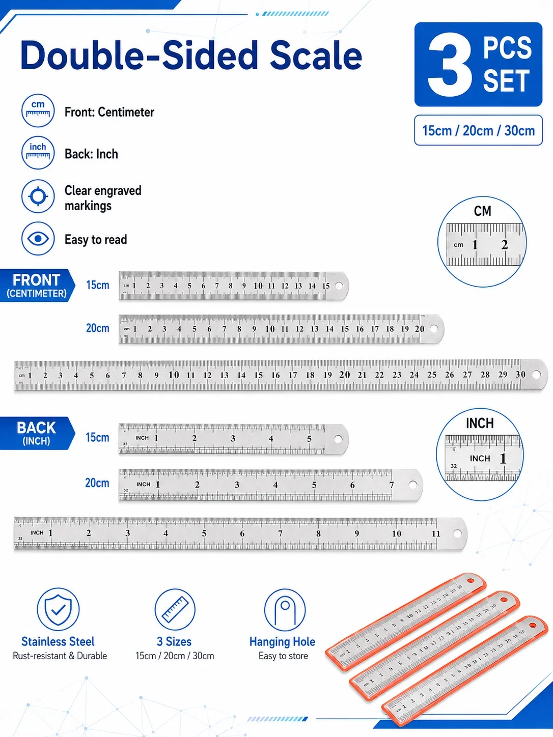3-teiliges Edelstahl-Lineal-Set, 15 cm, 20 cm, 30 cm, doppelseitige Metalllineale mit Schutzhüllen für Schule und Büro