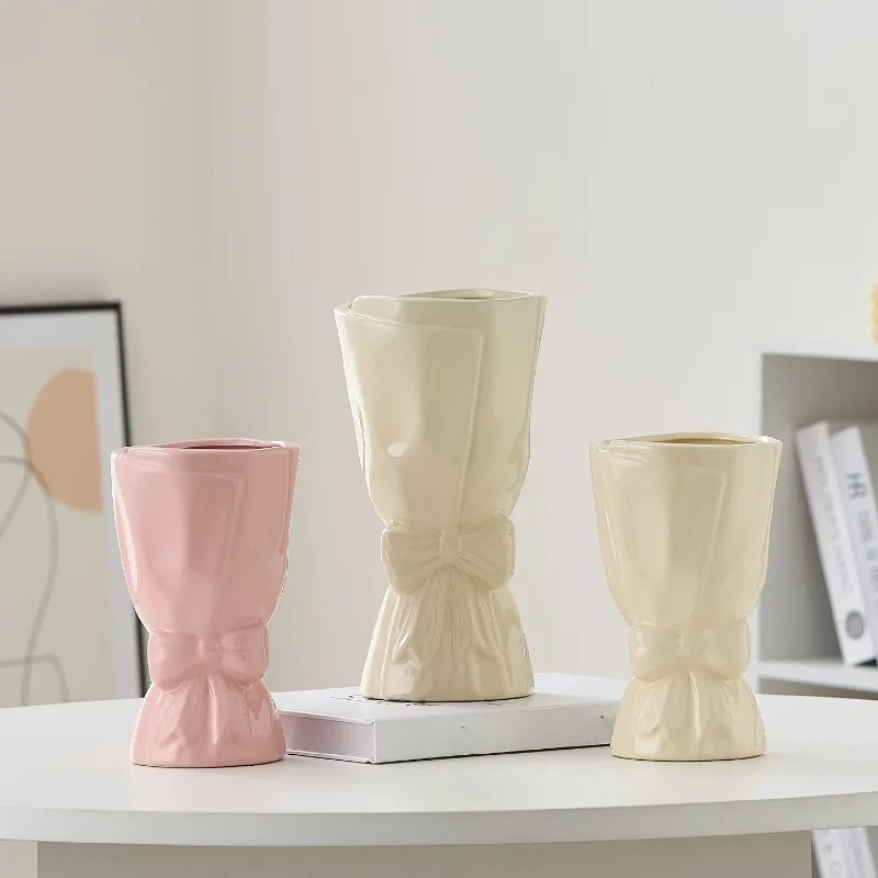 1pc Modern Minimalist Bowknot Waisted Vase Creative Bouquet‑Shaped Table Ornament Home Decor