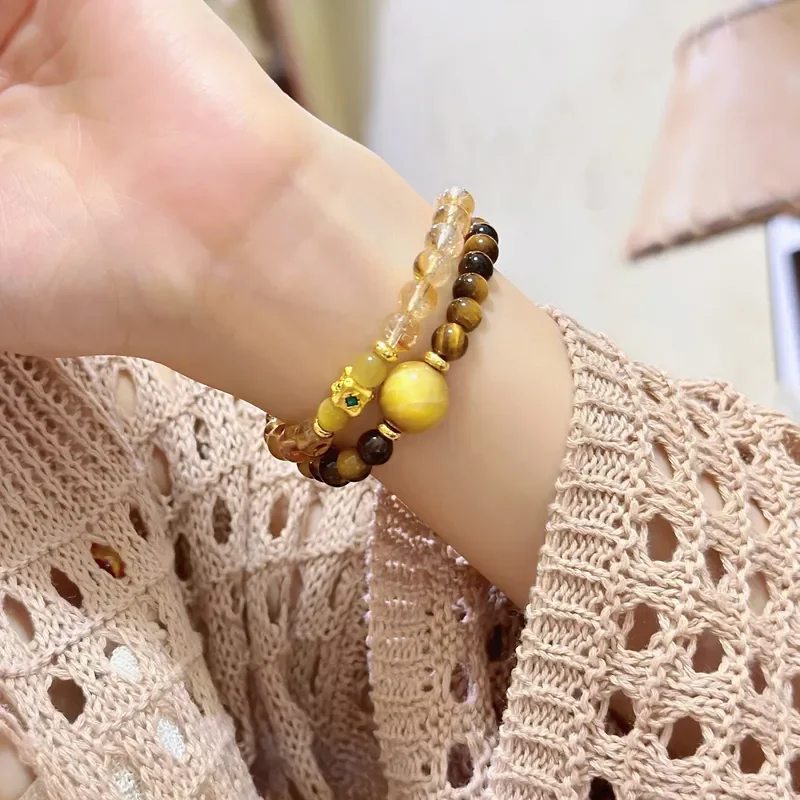 Natural crystal bracelet DIY handmade round yellow tower crystal beads wholesale natural tiger eye crystal bracelet popular