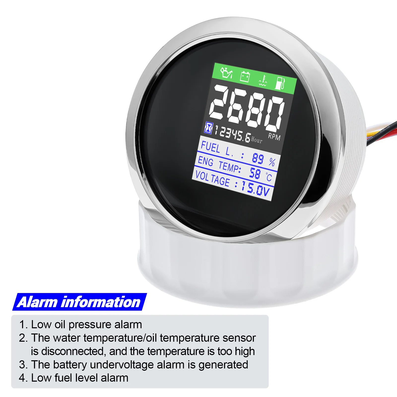 85MM Digital Tachometer Fuel Level Voltage Engine Temperature Total Engine Hours 5 In I Digital Meter For Car Boat 12V 24V