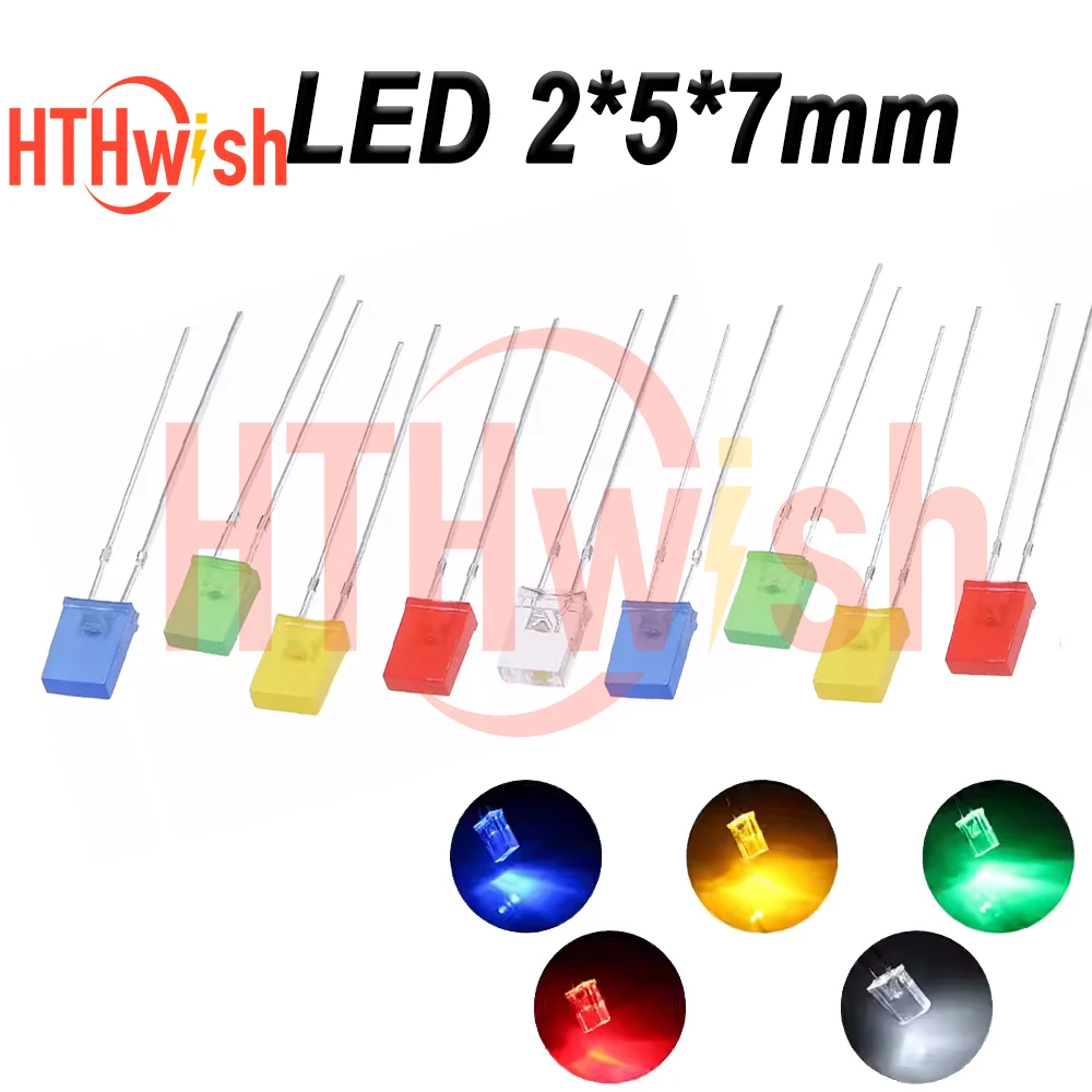 100/200/500PCS 2*5*7mm Square LED Light-emitting Diodes 2X5X7mm LED Diode kit Red Yellow Green Blue White for DIY Electronic