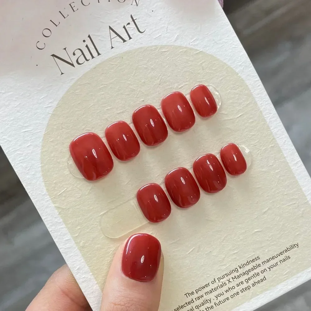 

Handmade Short Press on Nail Red Korean Simple Design Reusableadhesive False Nails Acrylic Full Cover Nail Tip Stick on Nail Art