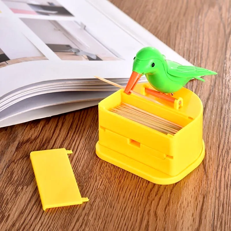 Automatic Pop-up Toothpick Storage Box, Cartoon Bird Press, Dustproof and Moisture-proof, ABS Material, Originality, 1Pcs