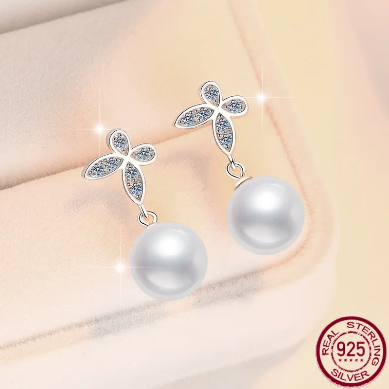 

New Mozambique diamond earrings, butterfly clover pearl earrings, high-end and light luxury s925 silver wedding jewelry