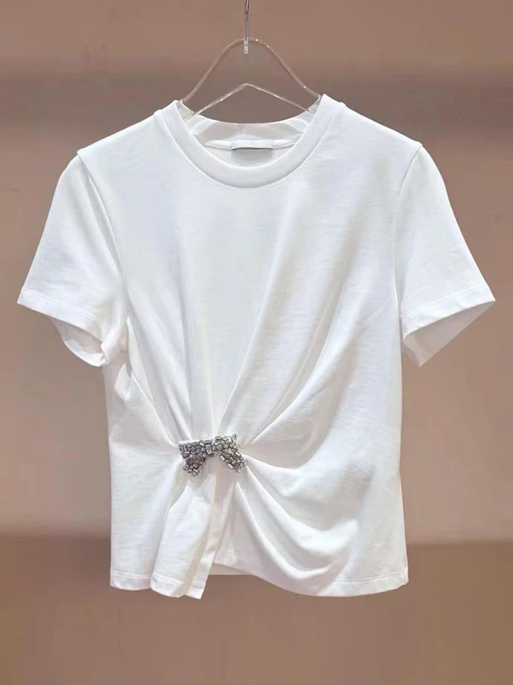 

South Oil High-End Women's Summer 2025 Design Sense Embellied Knot Pleated T-irt Women's Top Ele Commute St...