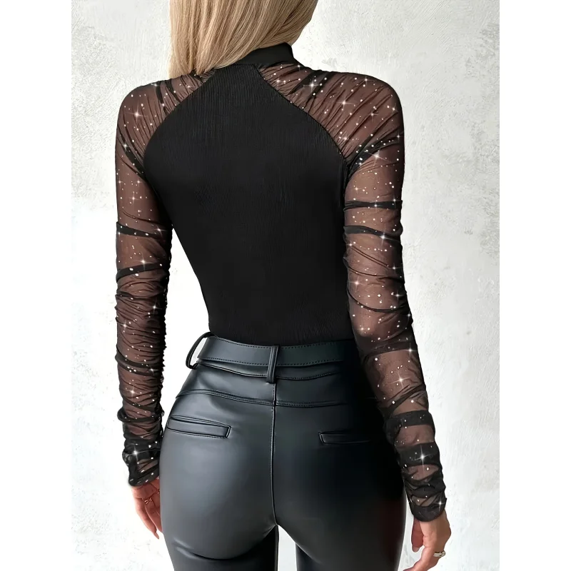 Glitter Stand-Up Collar Sheer Mesh Fabric Pleated Ribbing Outfit - Acrylic Ruffles Fashionable And Durable