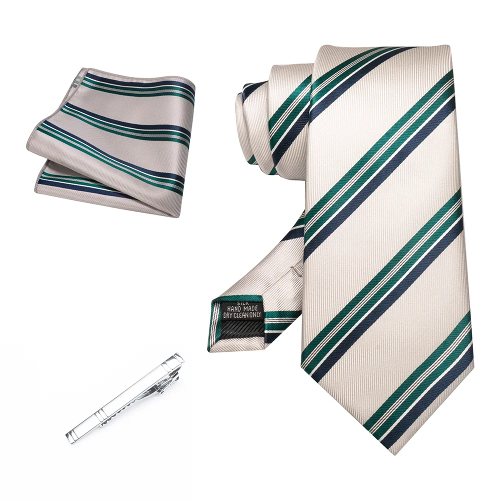 Herren Marineblau Krawatte Rot-Grün Gestreiftes Krawattenset Glänzender Clip Hochwertiges Einstecktuch für Business-Anzüge Anlässe Hochzeit Party – Detail 25
