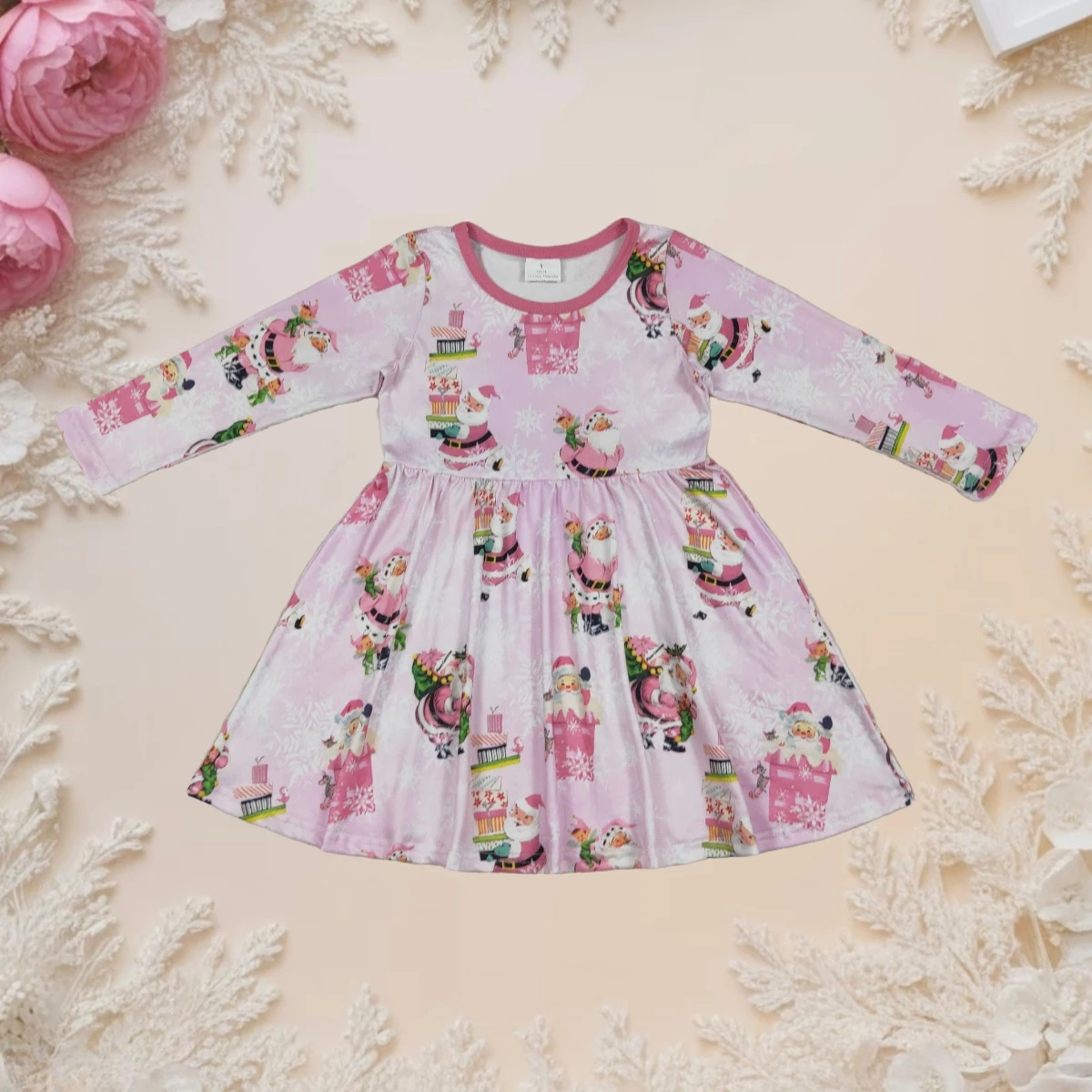 

Toddler Baby Girl Princess Dresses Kids Long Sleeve Pink Christmas Santa Present Sweet Knee Length Dress Infant Children Clothes