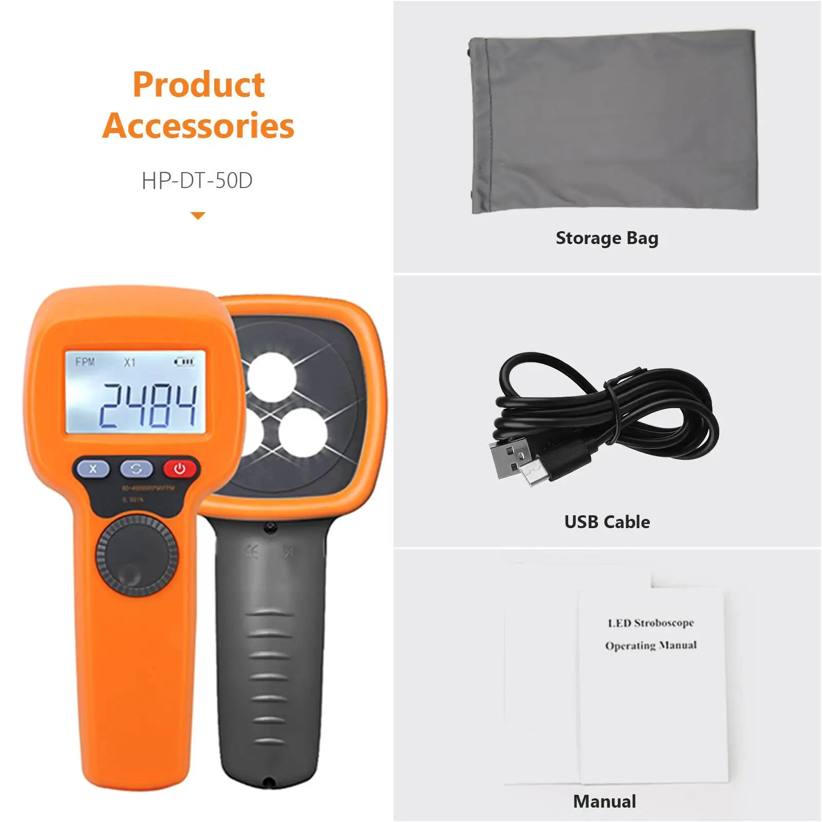 Digital Handheld Stroboscope Measuring 60-49999 RPM Non Contact Strobe Tachometer, High Accuracy 0.001% Rechargeable Tachometer