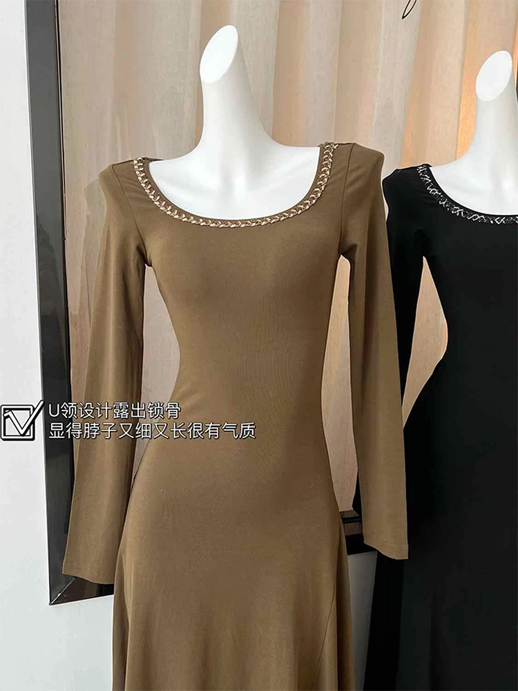 Women\'s A-line Evening Dress 90s Vintage Long Sleeve O-Neck Knitted Long Dresses Y2k Elegant One Piece Frocks 2000s Clothes 2024