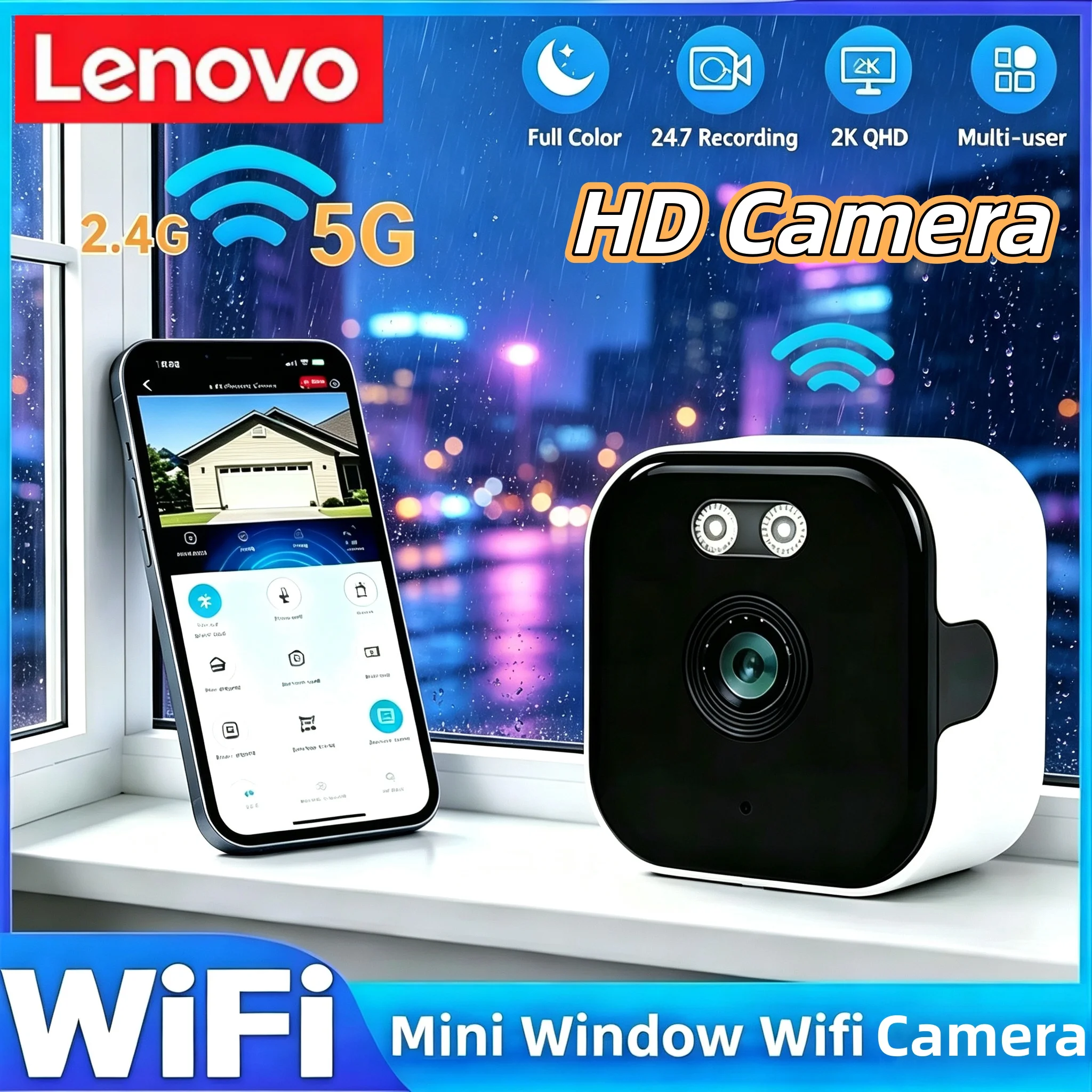 Lenovo 2.4/5GHz WiFi 3MP 1080P HD Night Vision Paste Mount Security Camera Indoor Phone Remote Home Surveillance Safety Monitor