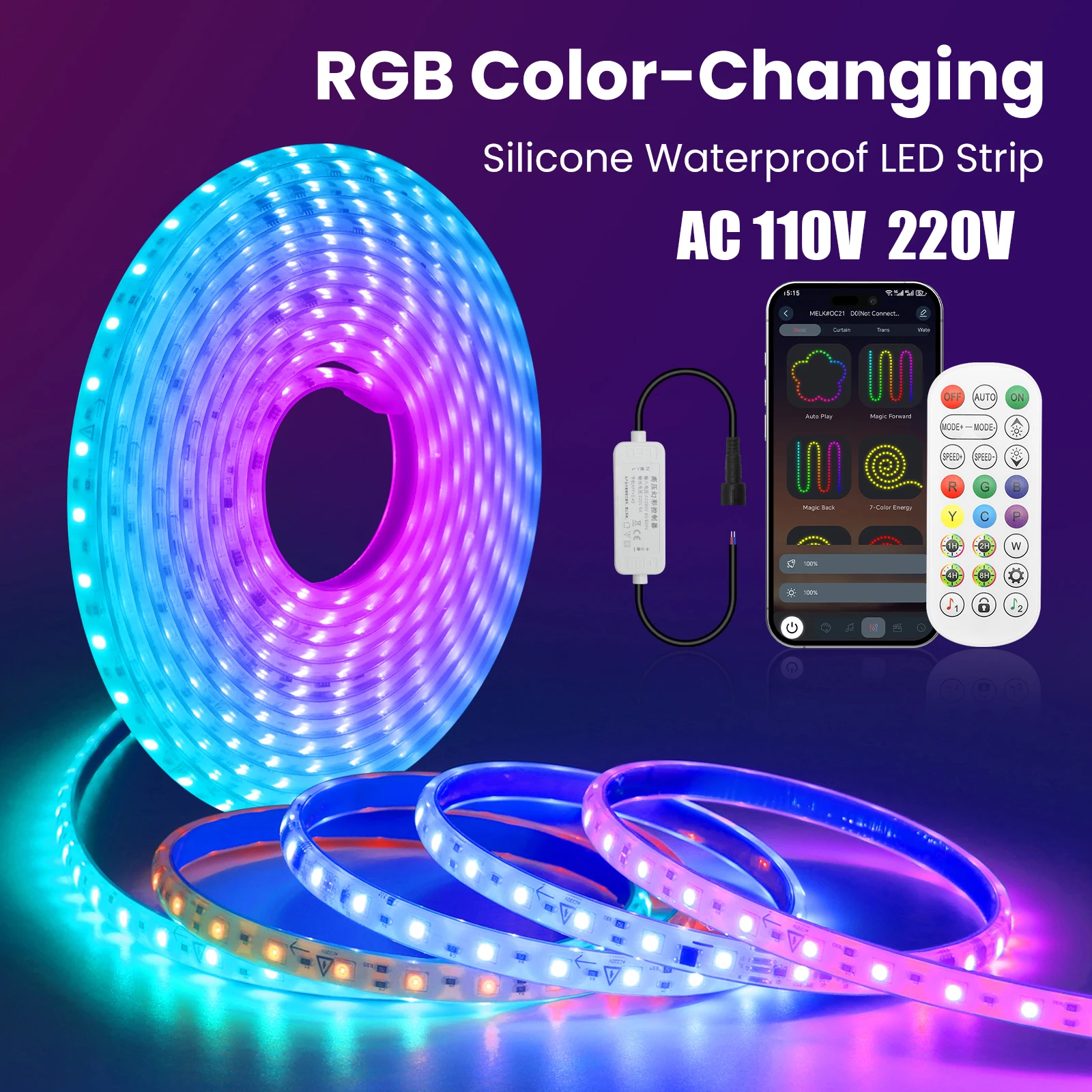AC110V 220V RGBIC Dream Color Neon Strip 3535 60LED/M Waterproof With 24Key Bluetooth Music IR Controller Home Decor LED Light
