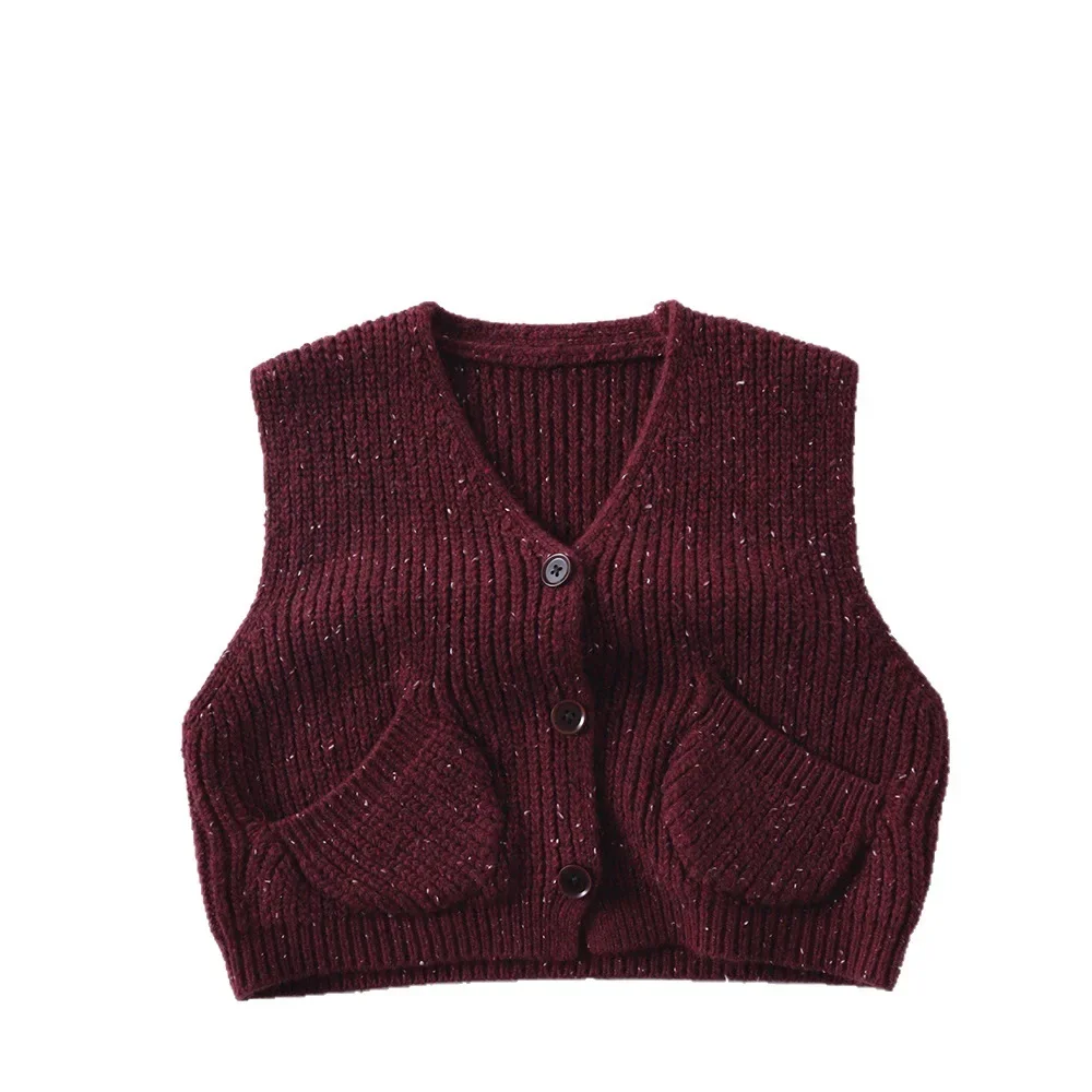 Vintage 1-7Y Kids Knit Vest Speckled Burgundy Button-Up Cardigan with Pockets Versatile Soft Children's Vest