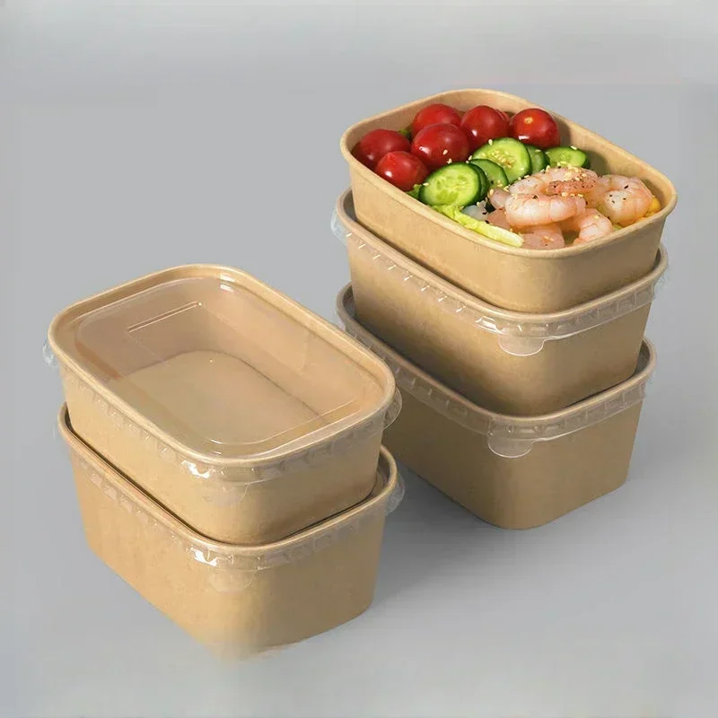 50pcs Disposable Eco-friendly Kraft Paper Lunch Box Food Grade Rectangular Lunch Case Salad Packing Takeout Picnic Bento Boxs