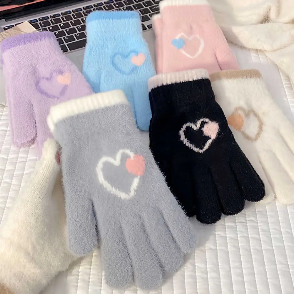 Cute Heart Gloves Finger exposed Comfortable Warm Gloves Thickened Warm Full Finger Gloves Girl