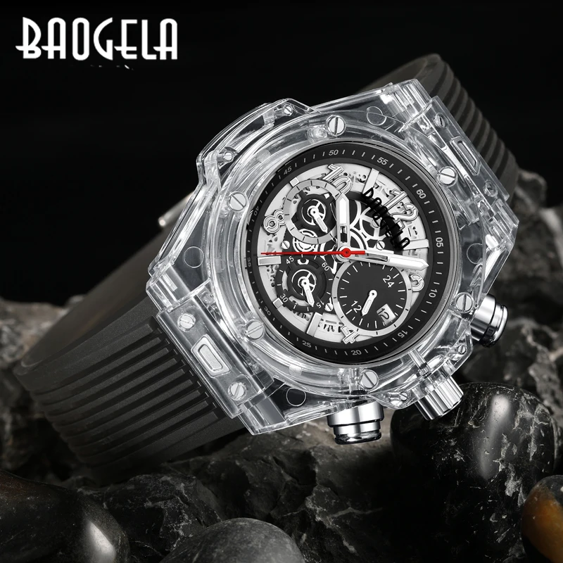 Baogela Luxury Men Watch Quartz Calendar Transparent Case Watches Sports Waterproof Wristwatch Male Hombre Relogio Masculino