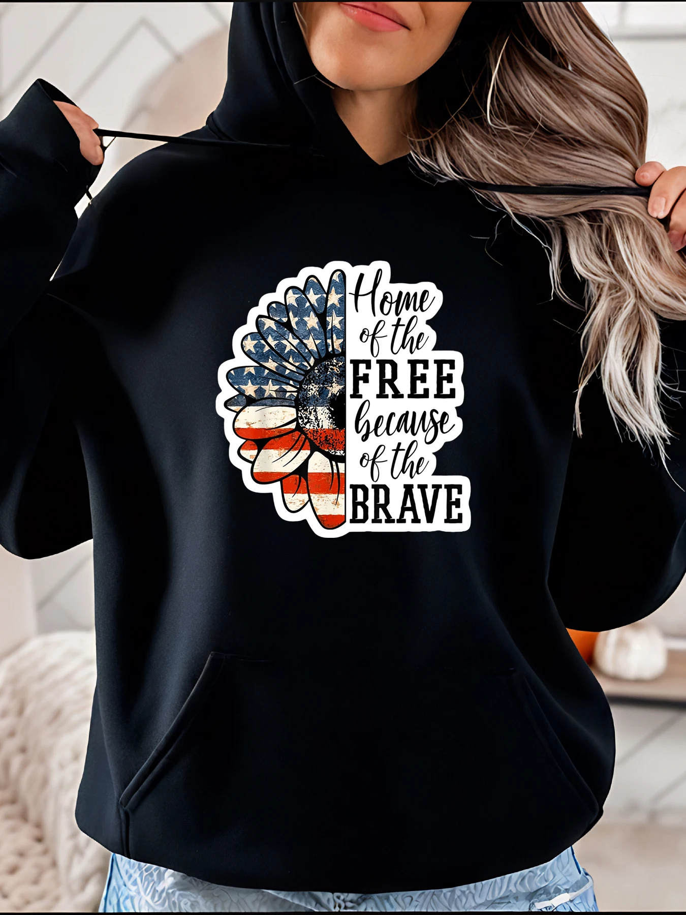 American Flag Eagle Hoodie Home of the Free Because of the Brave Print Sweatshirt Patriotic Casual Wear for Women