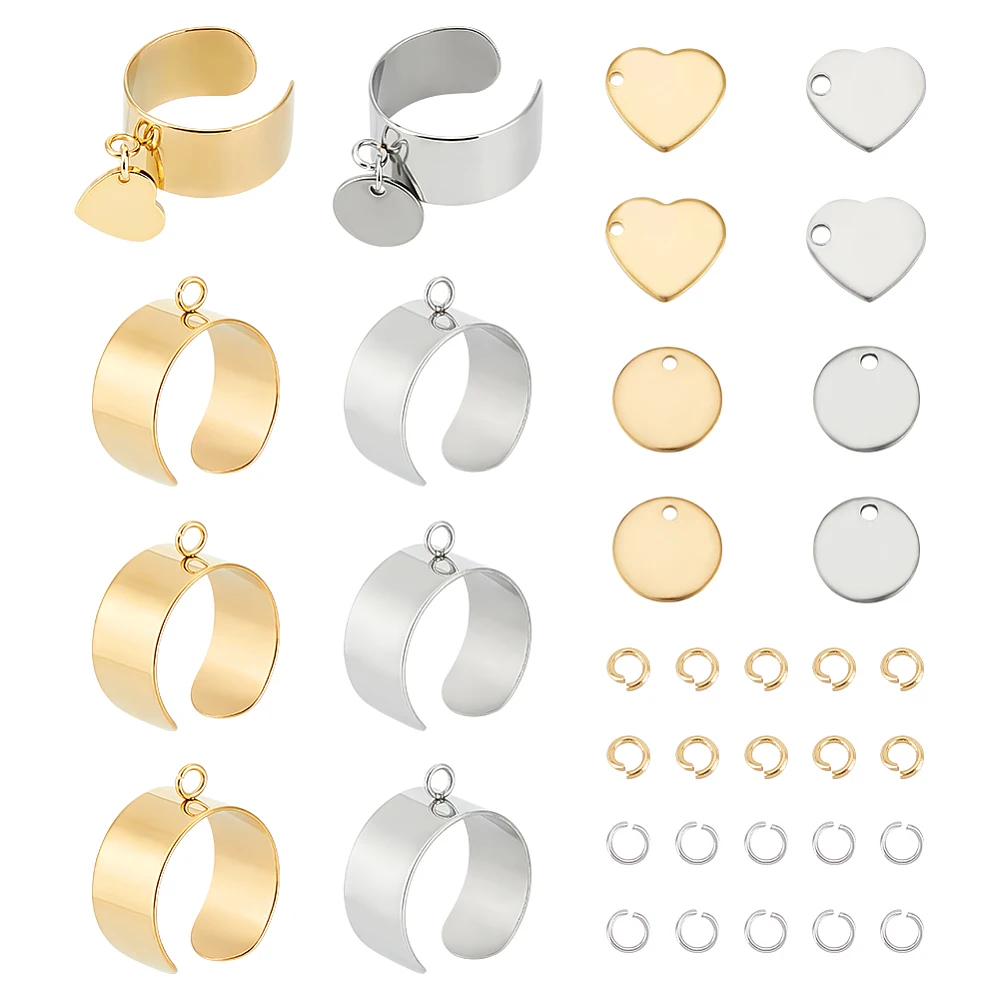 

DIY Charm Cuff Ring Making Kit Including 304 Stainless Steel Loop Ring Base & Pendants Flat Round & Heart Golden