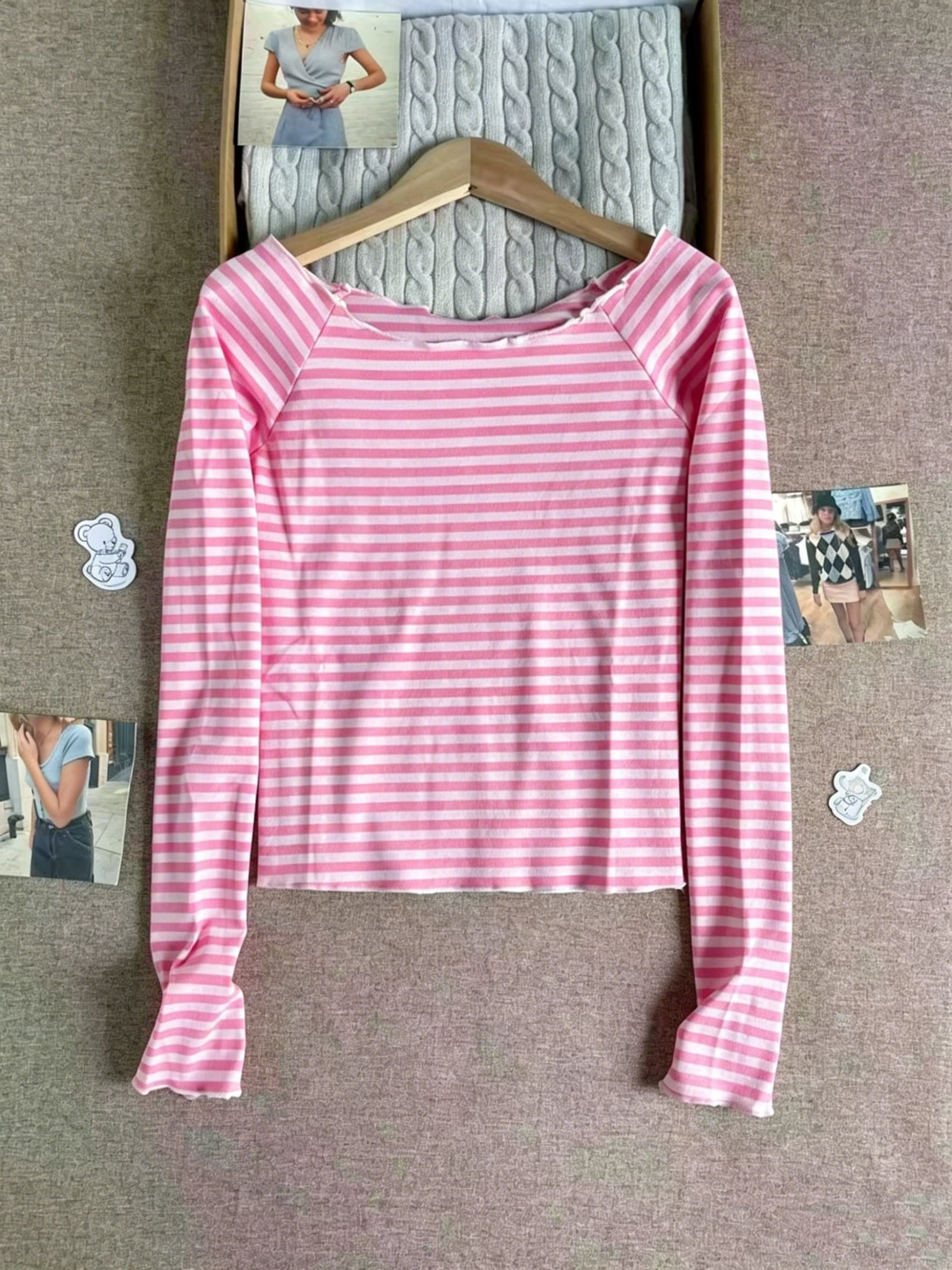 Women's Long Sleeve T Shirts Striped Cotton O Neck Casual Tops - Slash Neck Raw Hem