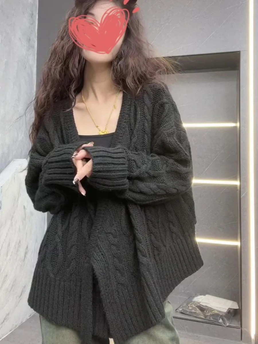 

Ladies Soft Cozy Loose Lazy Sle Knitted Sweater Autumn New Faion Twist Belt Slimming Open Cardigan Outerwear Top