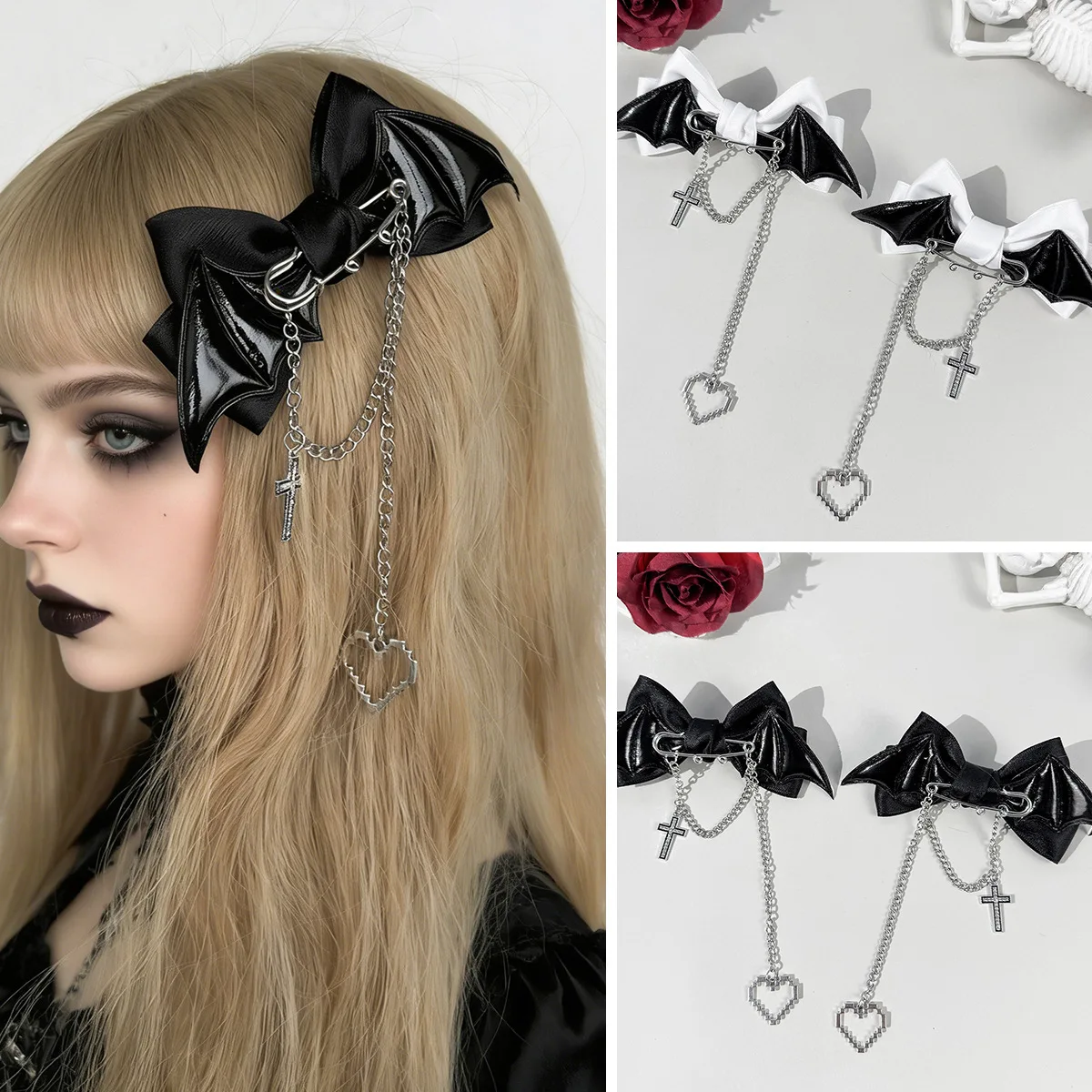 Elegant Gothic Bat Wing Chain Cross Heart Bow Hair Clips Set Nonslip Durable Lightweight for Home Office Party Hair Accessories