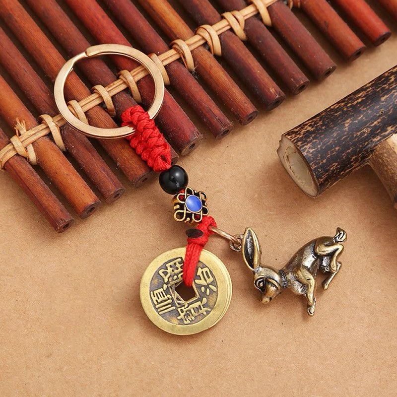 1PC Chinese Brass Zodiac Rabbit Tiger Emperors Money Keychain With Red Rope Lucky Tiger Bag Pendant Car Keyring Jewelry Accessor