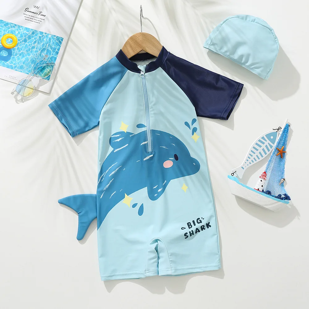 Traje de baño de una pieza para niños, traje de baño de manga corta con bonitos dibujos de delfines, protección solar, secado rápido, traje de baño para bebé