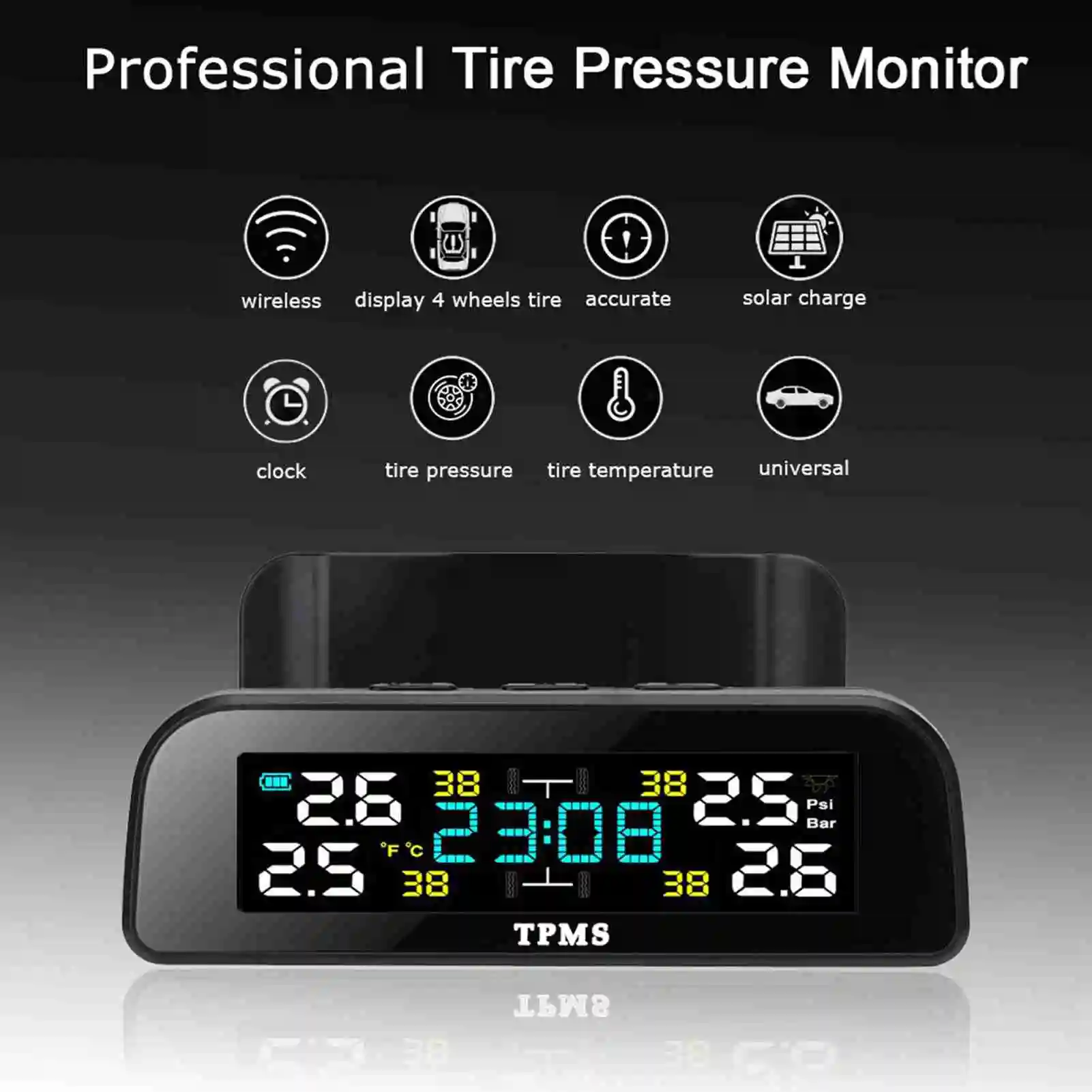 Automobile  Solar Tire Pressure Monitor System Tire Clock Tire Pressure Detector 360 ° Rotatable Tire Pressure Monitoring Tyre