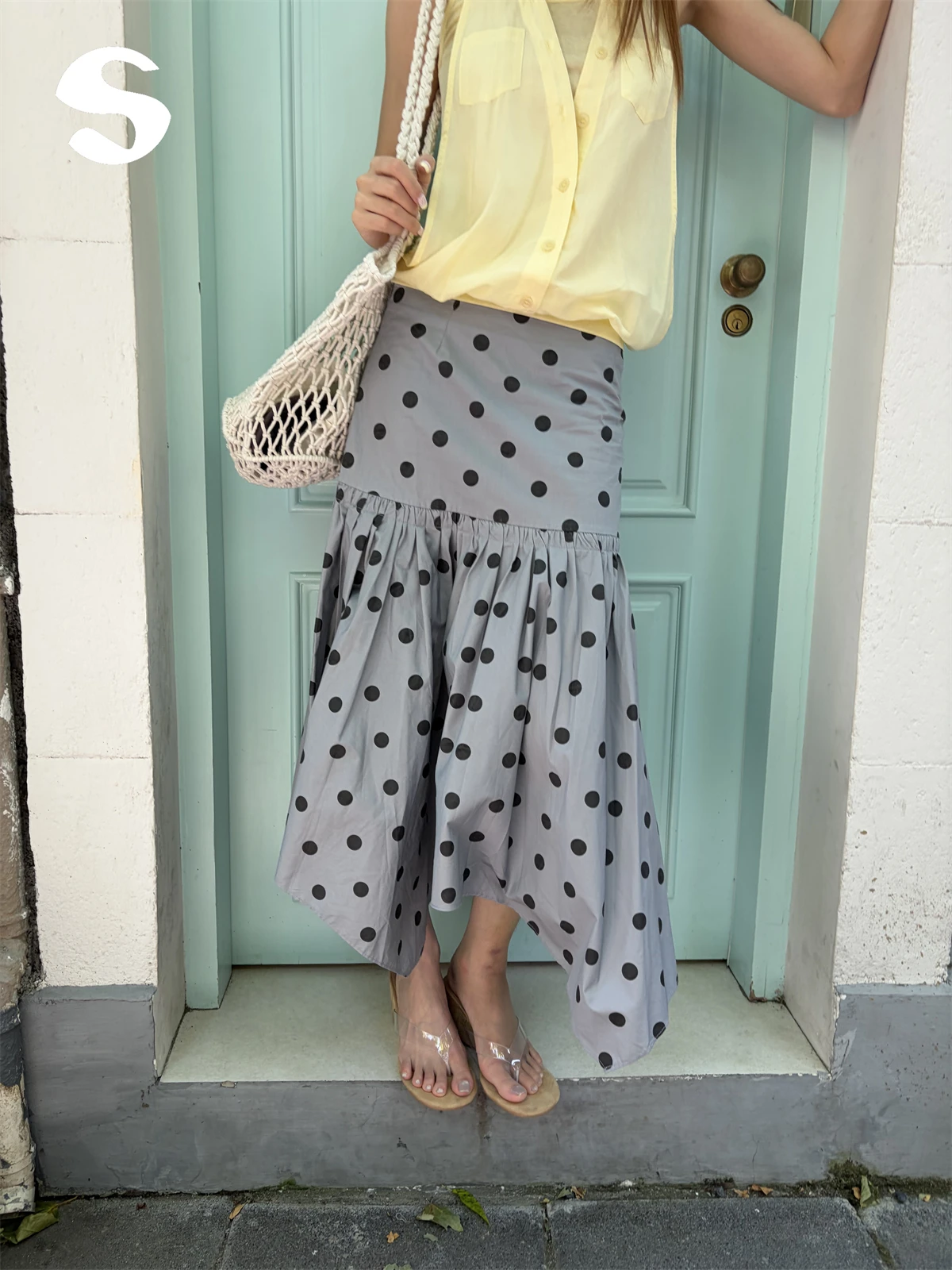 Yellow Asymmetrical Hem Midi Skirt Women's Design Sense Korean Style Commute Function Non-Stretch Material Gathered Skirt
