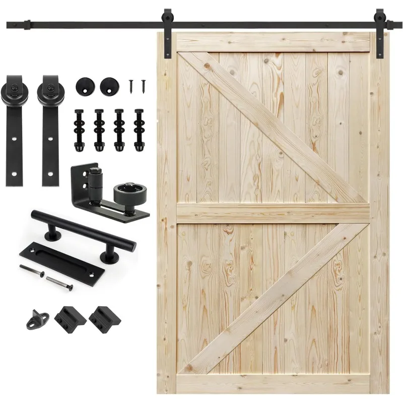 

60 in. x 84 in. Unfinished British Brace Knotty Barn Door with 10FT Sliding Door Hardware Kit/Solid Wood/Sliding Door