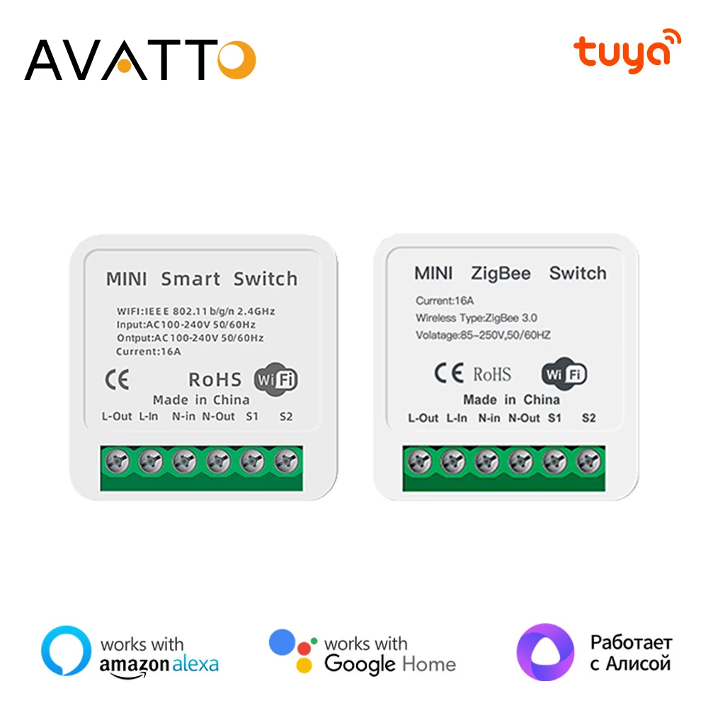 AVATTO Tuya WiFi/ZigBee Smart Mini DIY Switch 2 Way Control Automation Dimmable Relay Module Support Alexa Google Home Alice