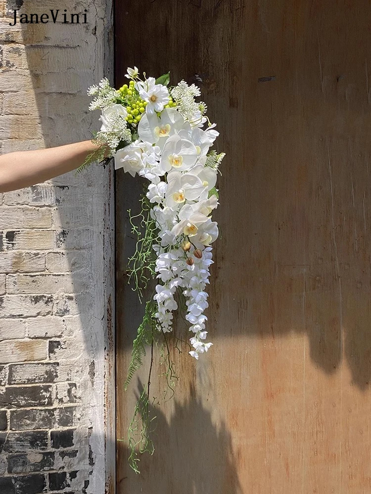 JaneVini-Fleurs en Cascade Blanches Élégantes, Bouquets de Patients en Cascade, Injtrash Artificiel, Bouquet de Mariée Boho, Accessoires de Mariage