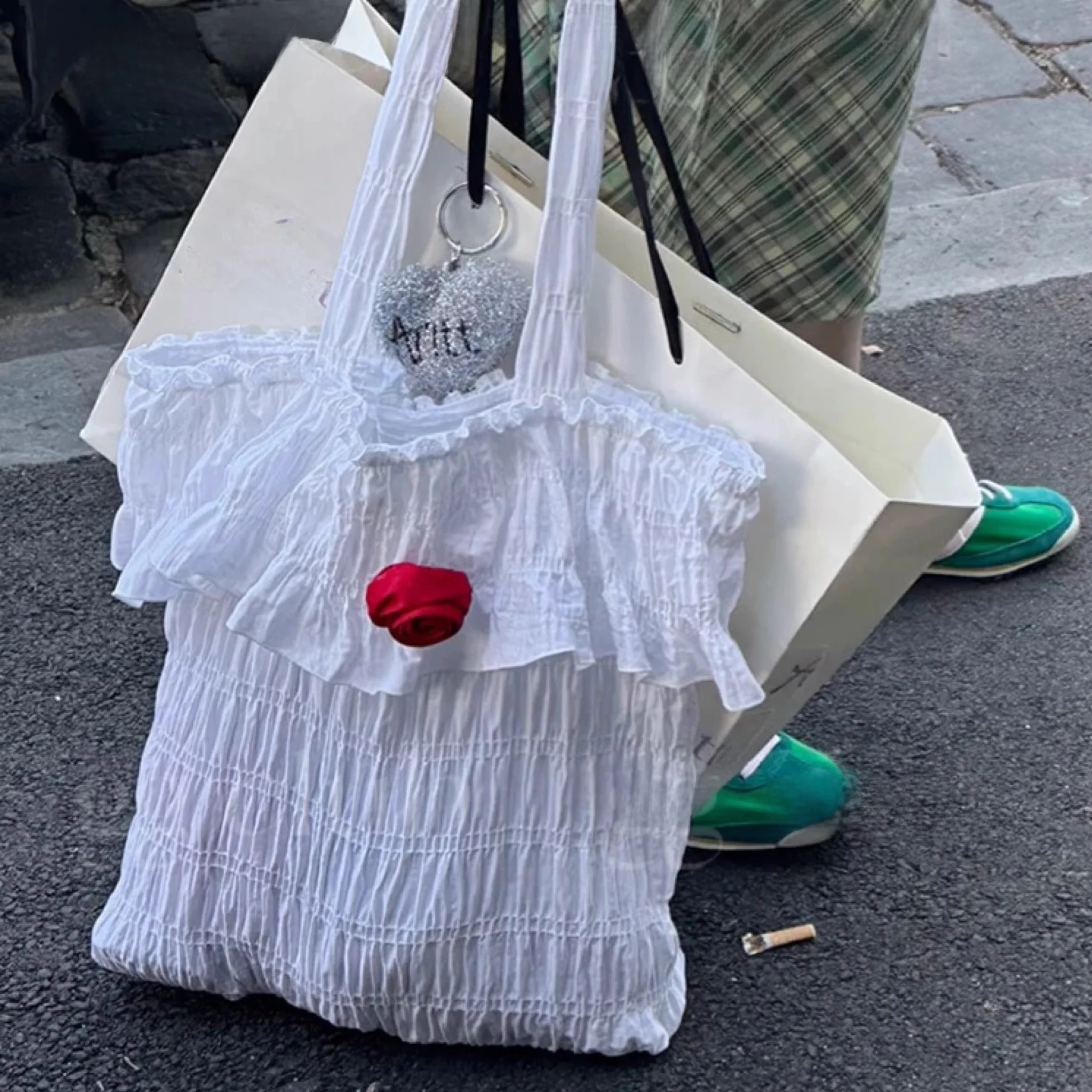 

Modern Girl Large Capaci Pleated Hook Needle Rose Flower Canvas oulder Bag Retro And Faionable with Lace