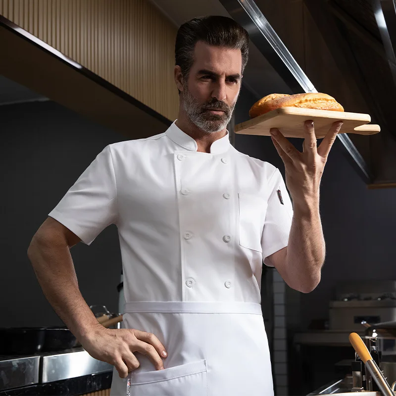 Uniforme de travail de cuisine de Restaurant d'hôtel, veste de Chef à manches courtes, manteau de cuisine blanc d'été pour boulangerie et pâtisserie