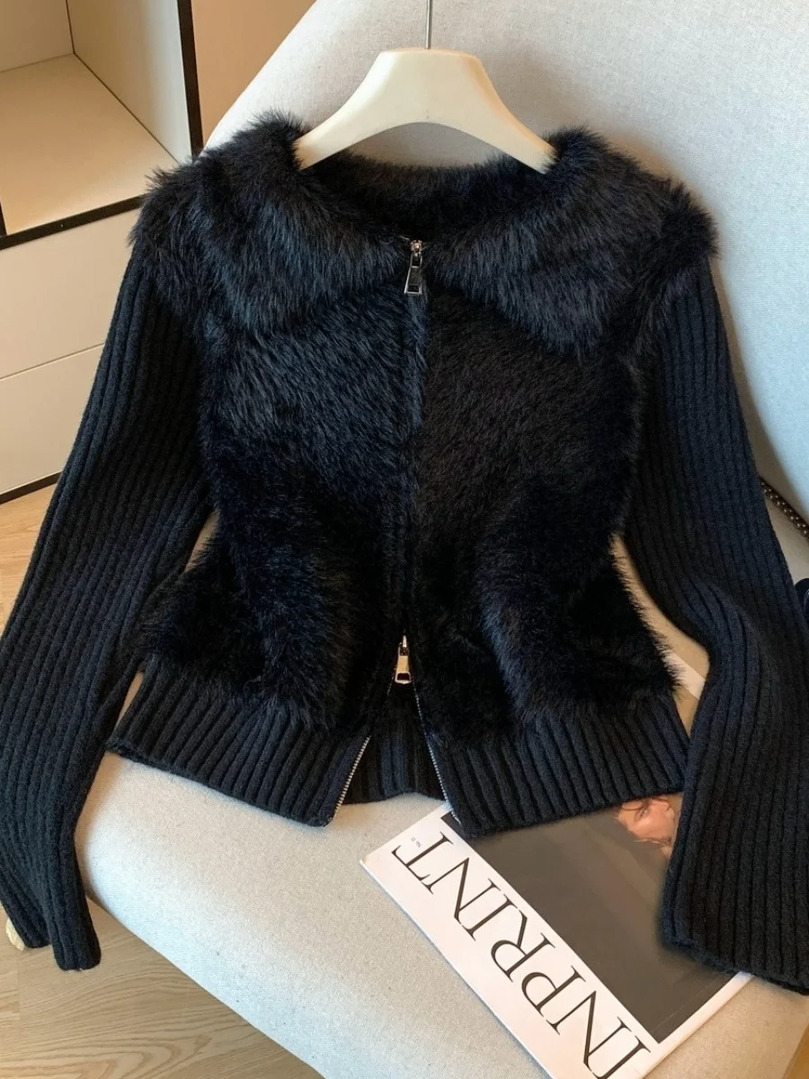 Water Rabbit Fur Jaet Women's Autumn Winter New Sle Double Zipper Open Cardigan Turn-down Collar Sweater Korean Sle Sli...
