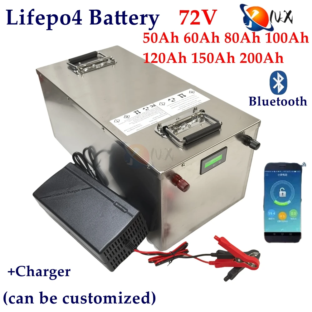 

lithium 80Ah 72V 100Ah 200Ah 150Ah lifepo4 battery BlueoothBMS deep cycle for 7000W scooter Motorcycle inverter + 10A charger.