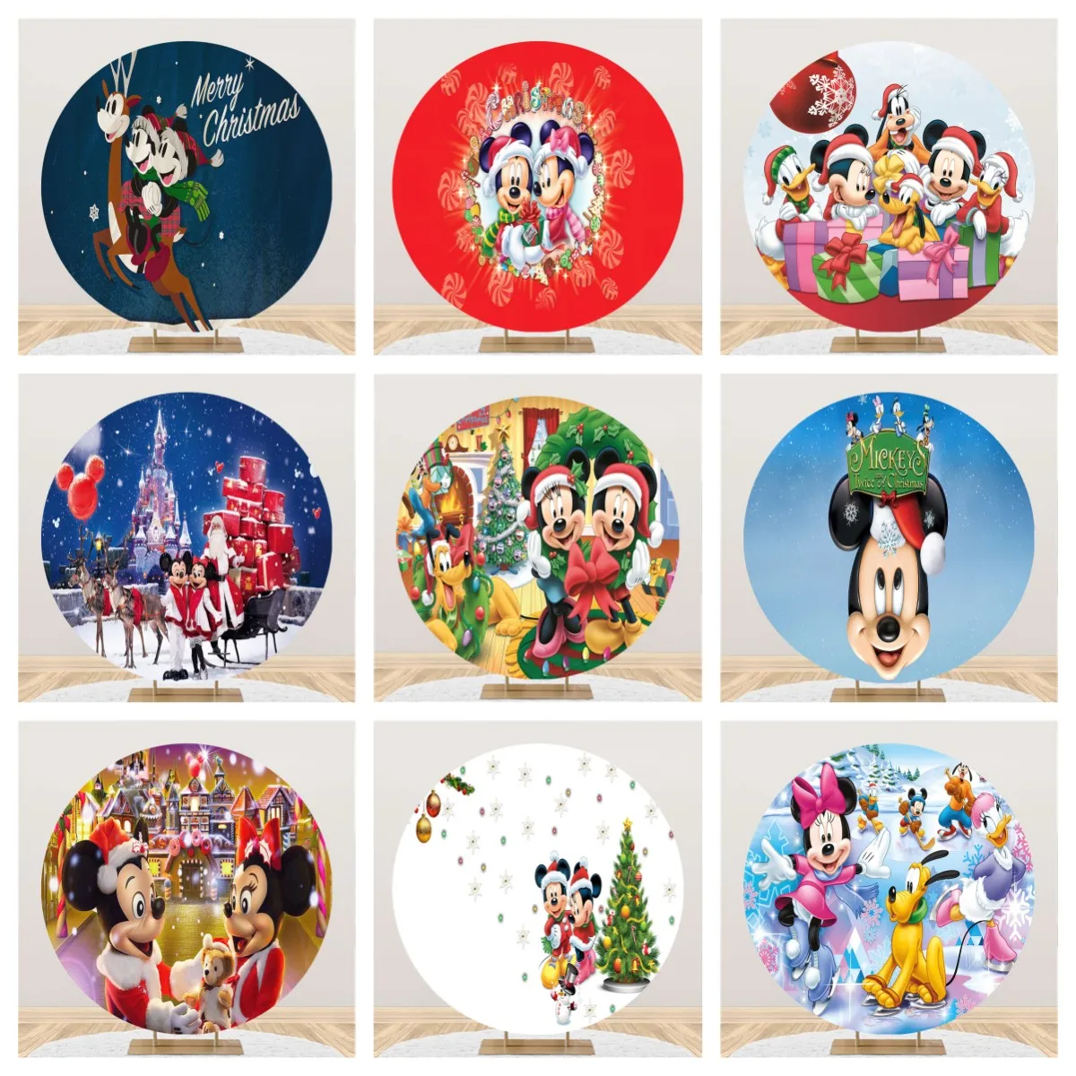 

Winter Festival Merry Christmas Minnie Mickey Round Circle Photography Backdrop Cartoon Party Backdrop Baby Shower Background