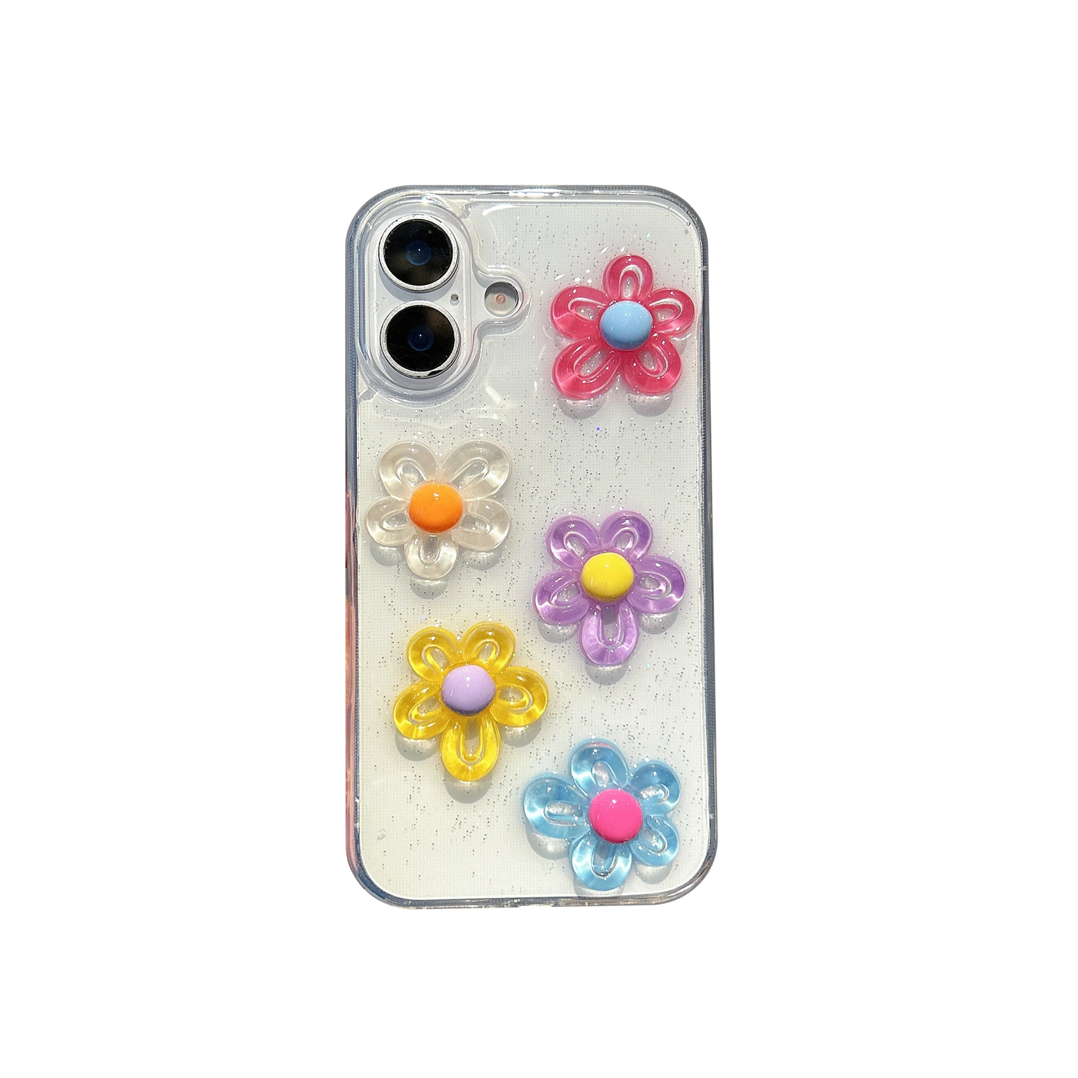 لطيف شفاف ثلاثية الأبعاد زهرة ملونة بريق التألق تأثير جرلي جراب هاتف آيفون 16 15 14 11 12 13 برو ماكس زائد الغطاء الخلفي