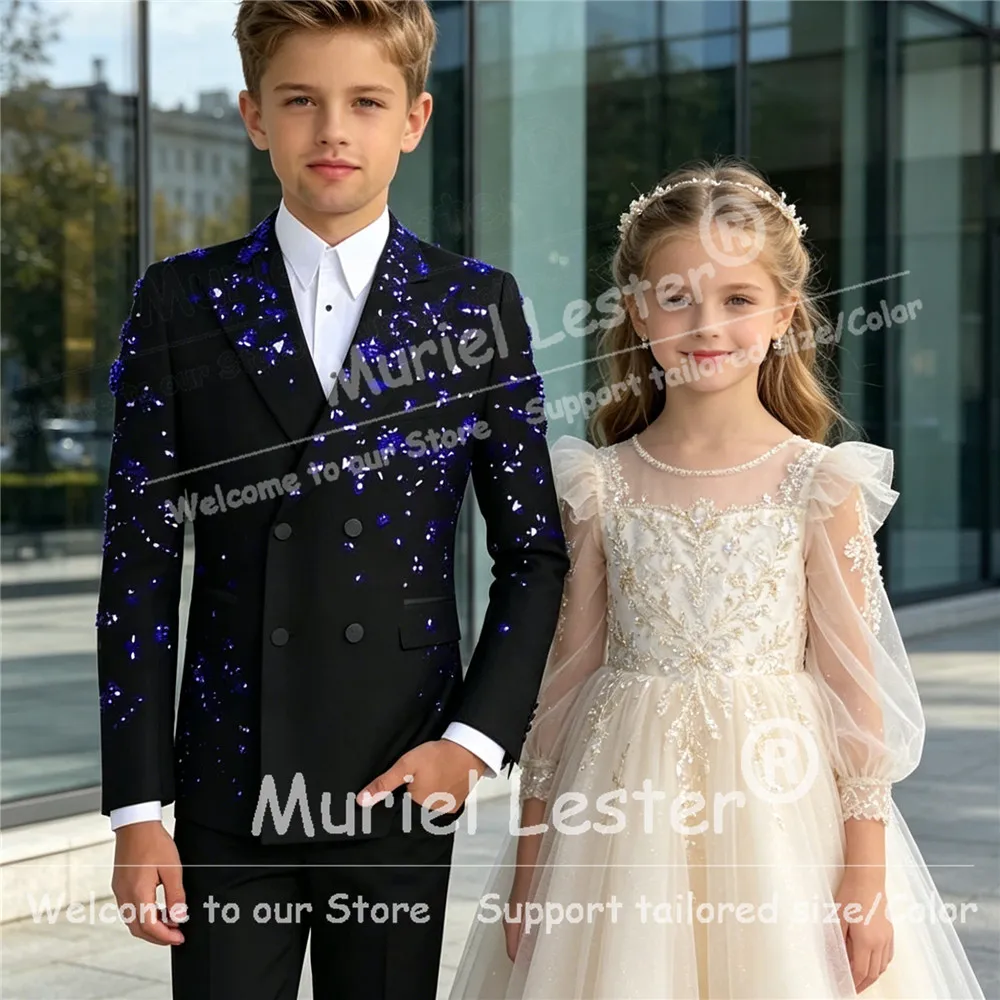 Luxury Wedding Tuxedos For Boy Formal Wear Diamond Beaded Children Prom Blazer Customied 2 Piece Sets Kids Prom Tuxedos Attire