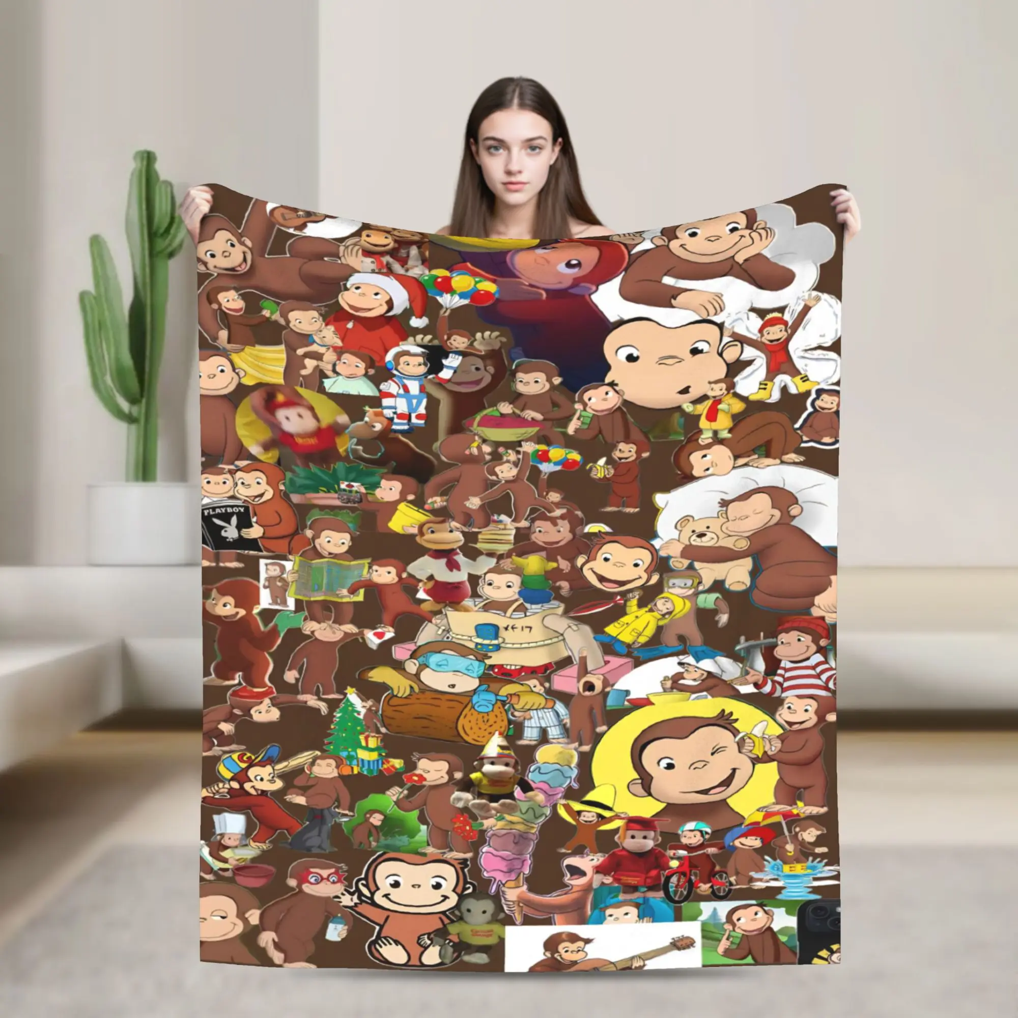 Cute Cartoon Curious George Character Collage Plush Blanket Flannel Throw Blanket For Bedroom Warm Soft Bedspread Gift Idea